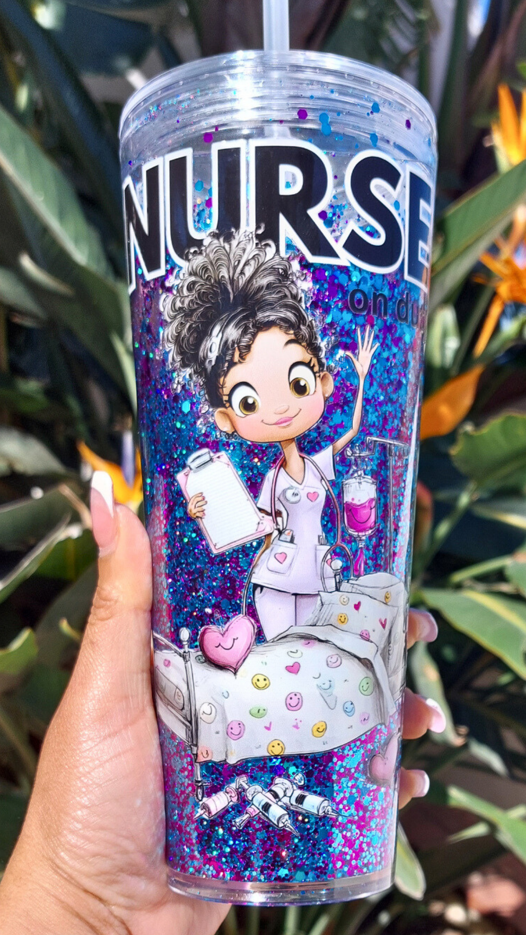 Hey Gorgeous N Co. 24 oz Nurse Acrylic Snow Globe Tumbler— Handmade Luxury Glitter Tumbler