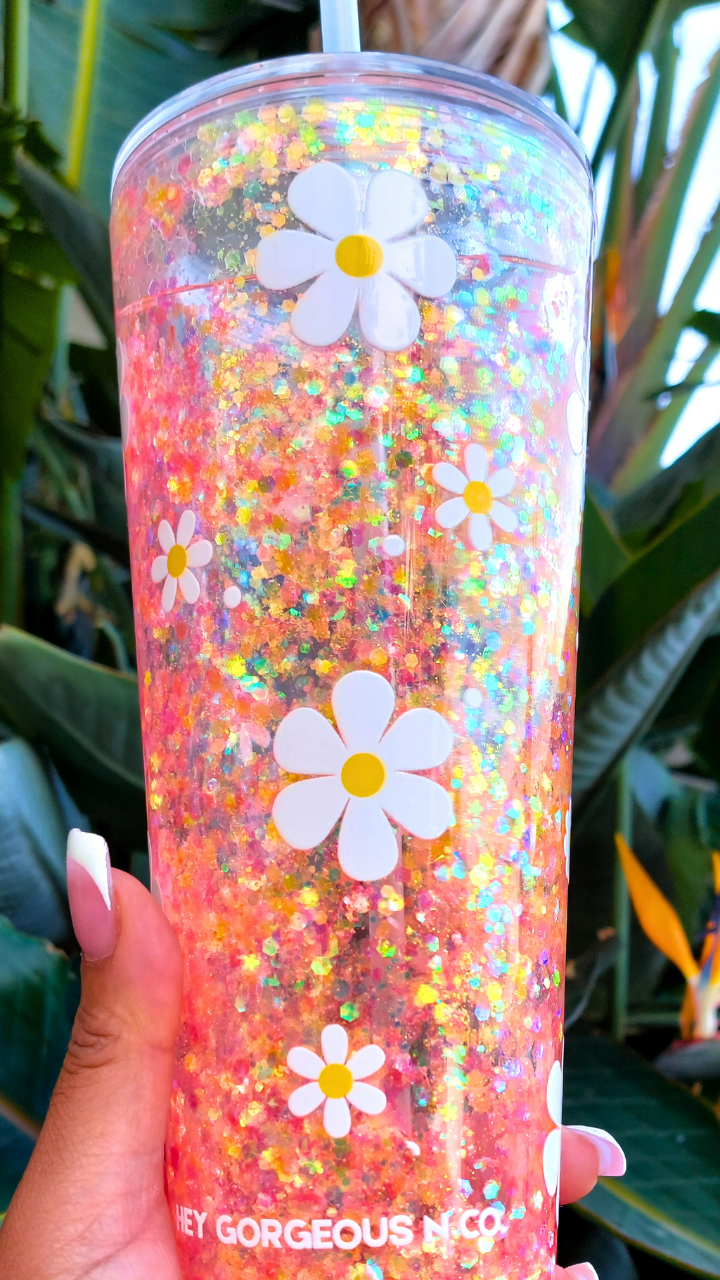 Sunlit Daisy – Golden Bloom Edition | 24 oz Snow Globe Tumbler - Handmade Luxury Glitter Tumbler