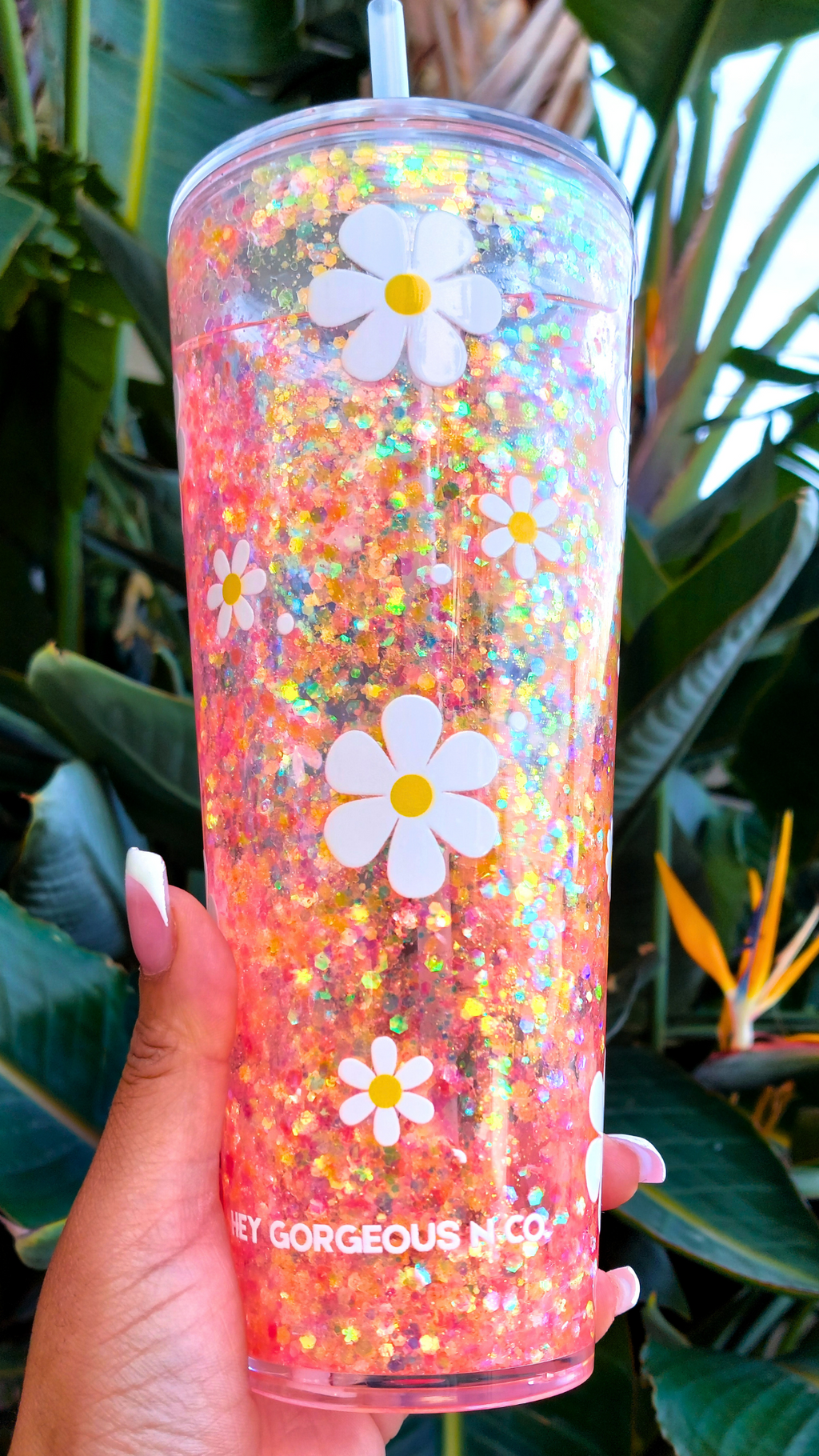 Sunlit Daisy – Golden Bloom Edition | 24 oz Snow Globe Tumbler - Handmade Luxury Glitter Tumbler