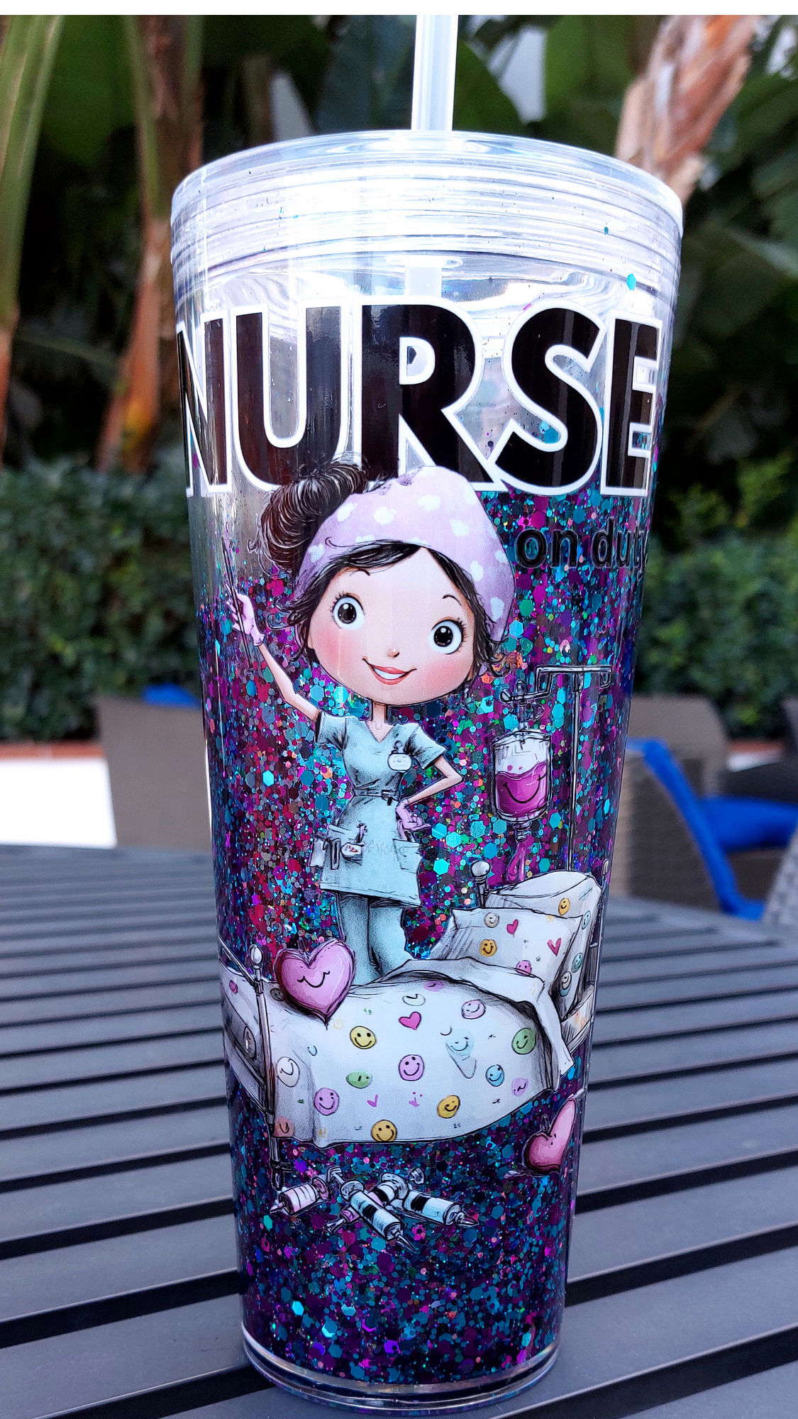 Hey Gorgeous N Co. 24 oz Nurse Acrylic Snow Globe Tumbler— Handmade Luxury Glitter Tumbler