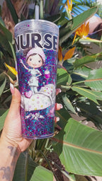 Hey Gorgeous N Co. 24 oz Nurse Acrylic Snow Globe Tumbler— Handmade Luxury Glitter Tumbler