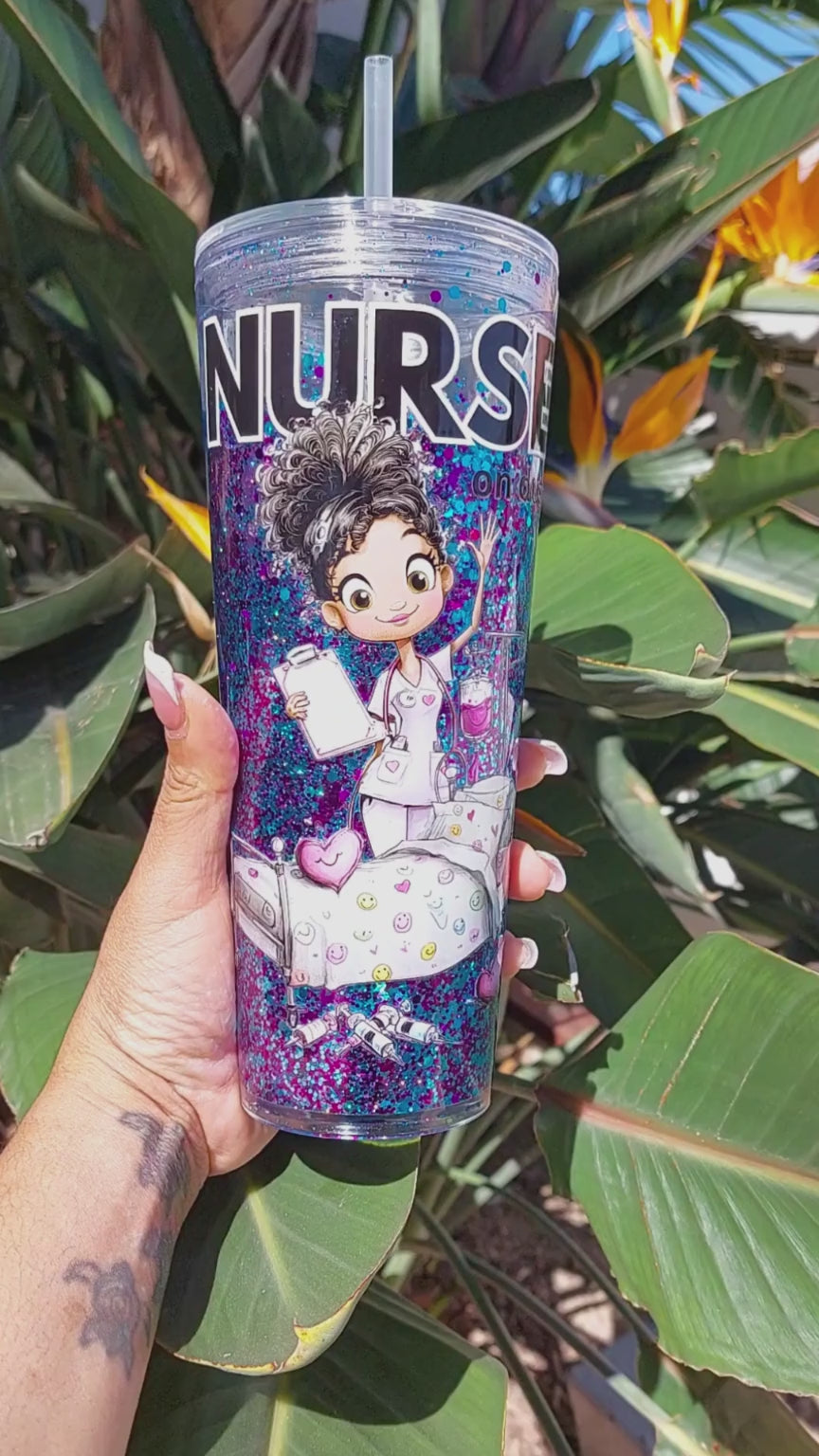 Hey Gorgeous N Co. 24 oz Nurse Acrylic Snow Globe Tumbler— Handmade Luxury Glitter Tumbler